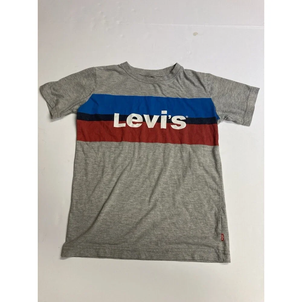 Levi's Kids Striped Logo T-Shirt Gray Blue Red Cotton Crew Neck Sz 10